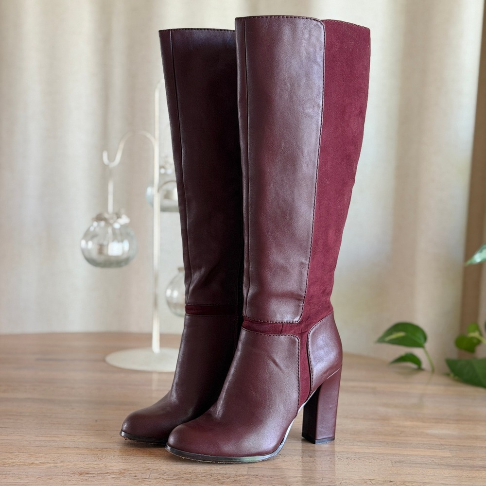Nine West Wine Red Faux Leather Suede Knee High Block Heel Boots 6M Academia